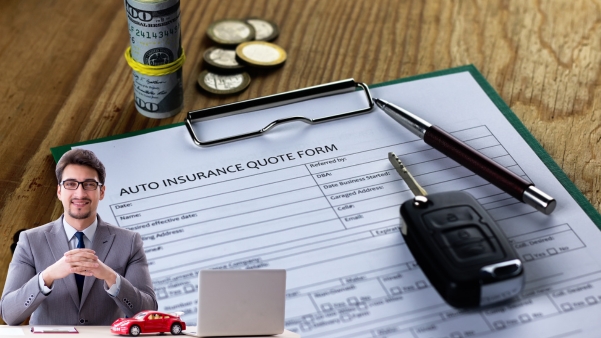 A man at a desk with an auto insurance quote form, car keys, and coins
